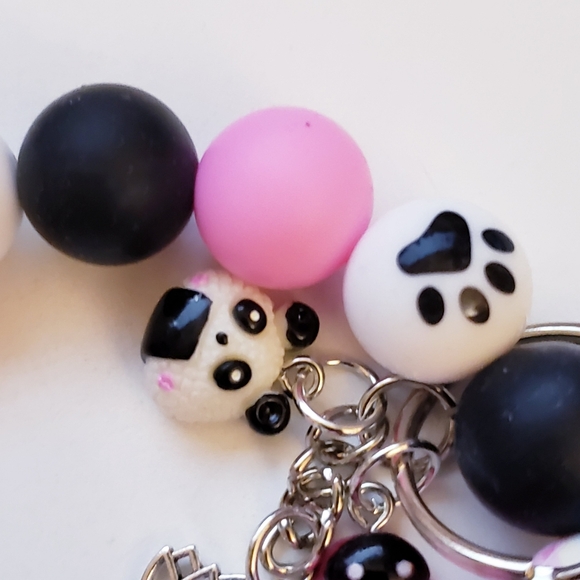 Handmade Pink White Silicone Focal Beaded Kawaii Panda Wristlet Keychain 🐼 - Picture 4 of 5